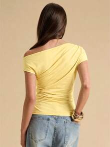 SHEIN BAE Women's Asymmetric Lace Patchwork Sheer Fitted Top, Sexy Lace Summer Top - Yellow - View 2