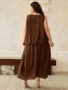 Roveilla Plus Size Women's Spring/Summer French Elegant Luxury Minimalist Design Casual Bohemian Vacation/Work Commute Vintage Style Comfortable Solid Color Semi-Sheer Sleeveless Blouse With Drawstring Waist And Pockets, Long Skirt Women Clothes Women's Dress Brown Dresses Women Casual Dresses Brown Dresses For Women Dress For Women Latest Dress Style For Women - Brown - View 2
