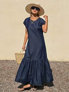 Livesso Women's Cotton Blue Round Neck Sleeveless Ruffle Hem Denim Dress, Summer - Blue - View 3