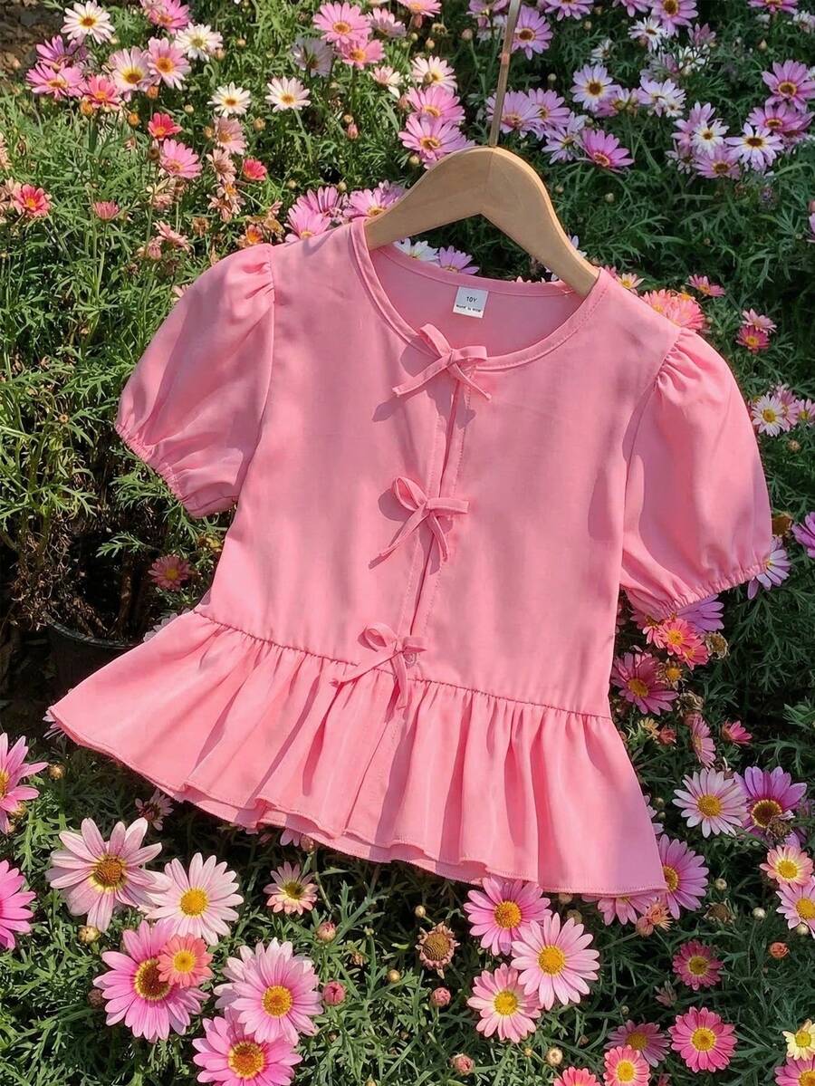 Sparklyn Girls' Fashionable Solid Pink Waist-Cinching Puff Sleeve Blouse, Woven Fabric Smooth & Comfortable, Bow Decor Button-Front Round Neck Cardigan Design, Sweet & Elegant For Party, Daily Wear, Commuting