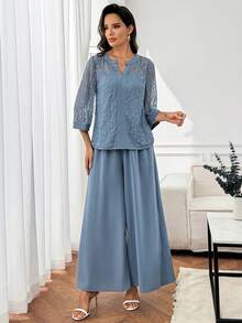 Miaspire 2pcs Women Lace V-Neck 3/4 Sleeve Top And Wide Leg Pants Set,Office Outfits For Women,Work Outfits For Women,Graduation Outfit For Mother Wedding Guest Dress Women Summer Elegant,Summer Outfits For Women - Blue - View 3