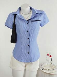 Lalippa Women Blue And White Striped Short Sleeve Shirt Regular Length Casual Woven Fabric Blouse With Shirt Collar - Blue and White - View 6