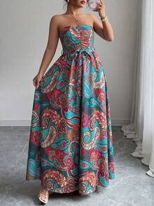 SHEIN Elenzya 大码女士优雅浪漫度假腰果花图案印花抹胸A字飘逸长裙 - 彩色 - 查看 3