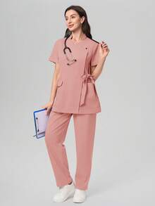 Scrubzie Anti-Wrinkle Short Sleeve Tie-Up Long Shirt And Long Pants Scrub Uniform Set - Dusty Pink - View 8