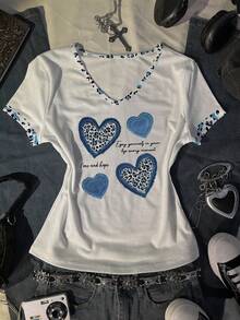 INAWLY T-shirt décontracté à col V avec imprimé léopard et lettres pour femmes - Multicolore - Voir 1