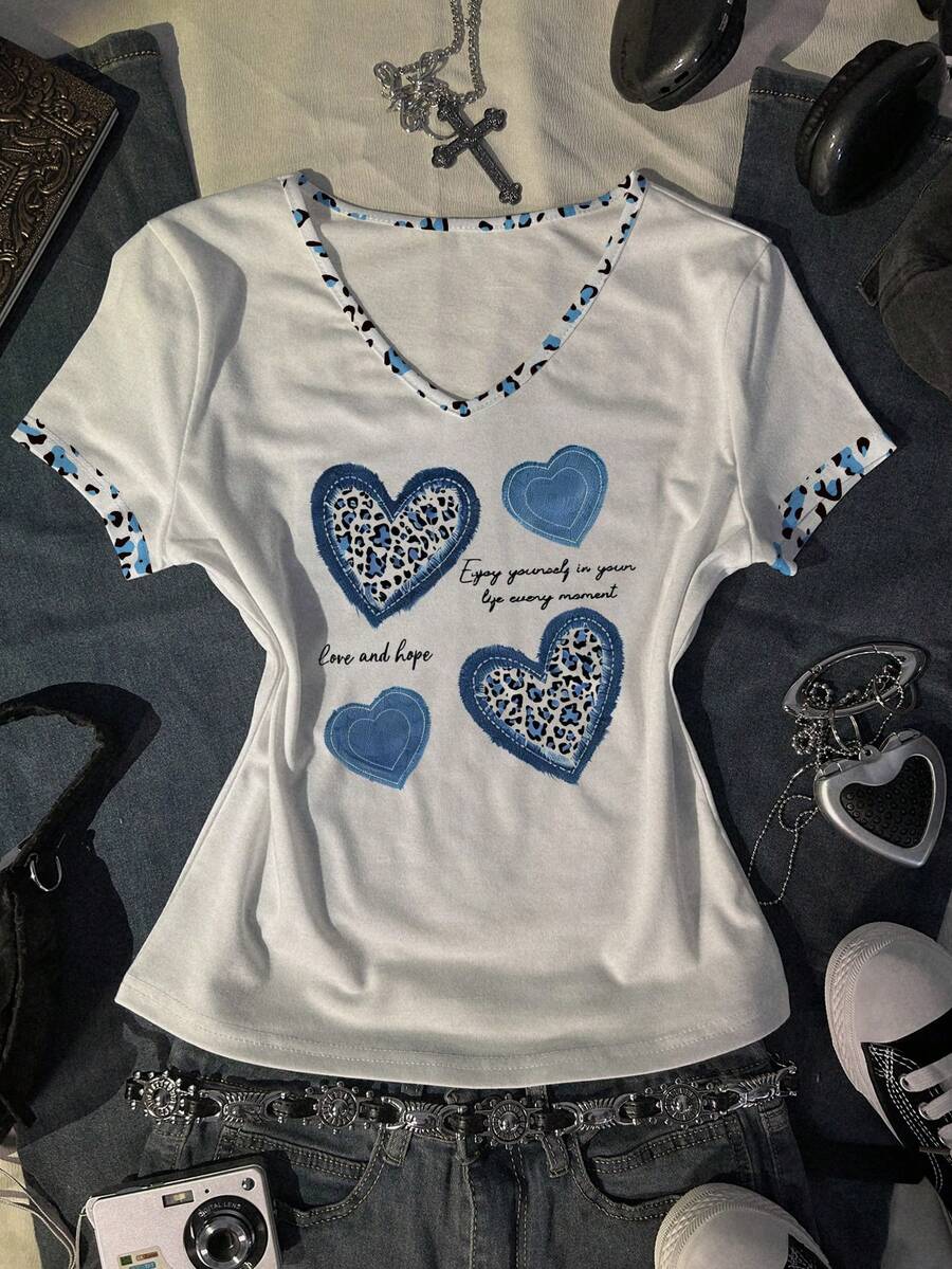 INAWLY T-shirt décontracté à col V avec imprimé léopard et lettres pour femmes - Multicolore - Voir 1