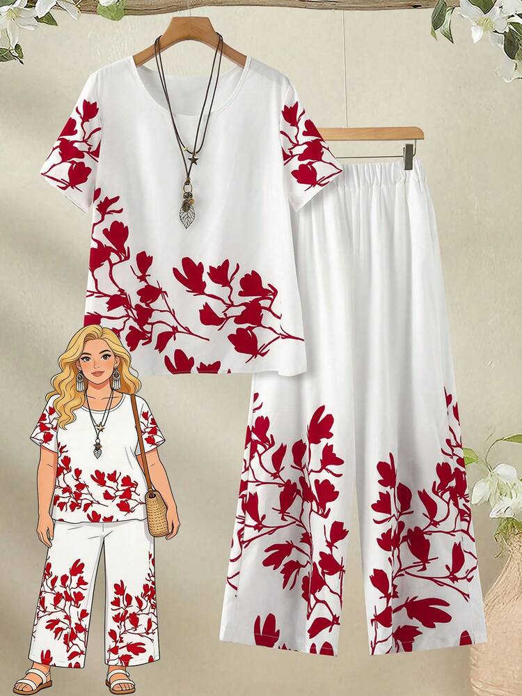 Plus Size Women Floral Print Short Sleeve Top And Wide Leg Pants Casual 2 Piece Set\Summer\Vacation Summer Outfits Summer Clothes  Spring  Spring Outfit Women Spring Clothes Country Style For Women Vacation Outfits Women Women's Summer Two-Piece Sets Two Piece Set Women Two Piece Set Women Plus Size Summer  Women's Summer Set