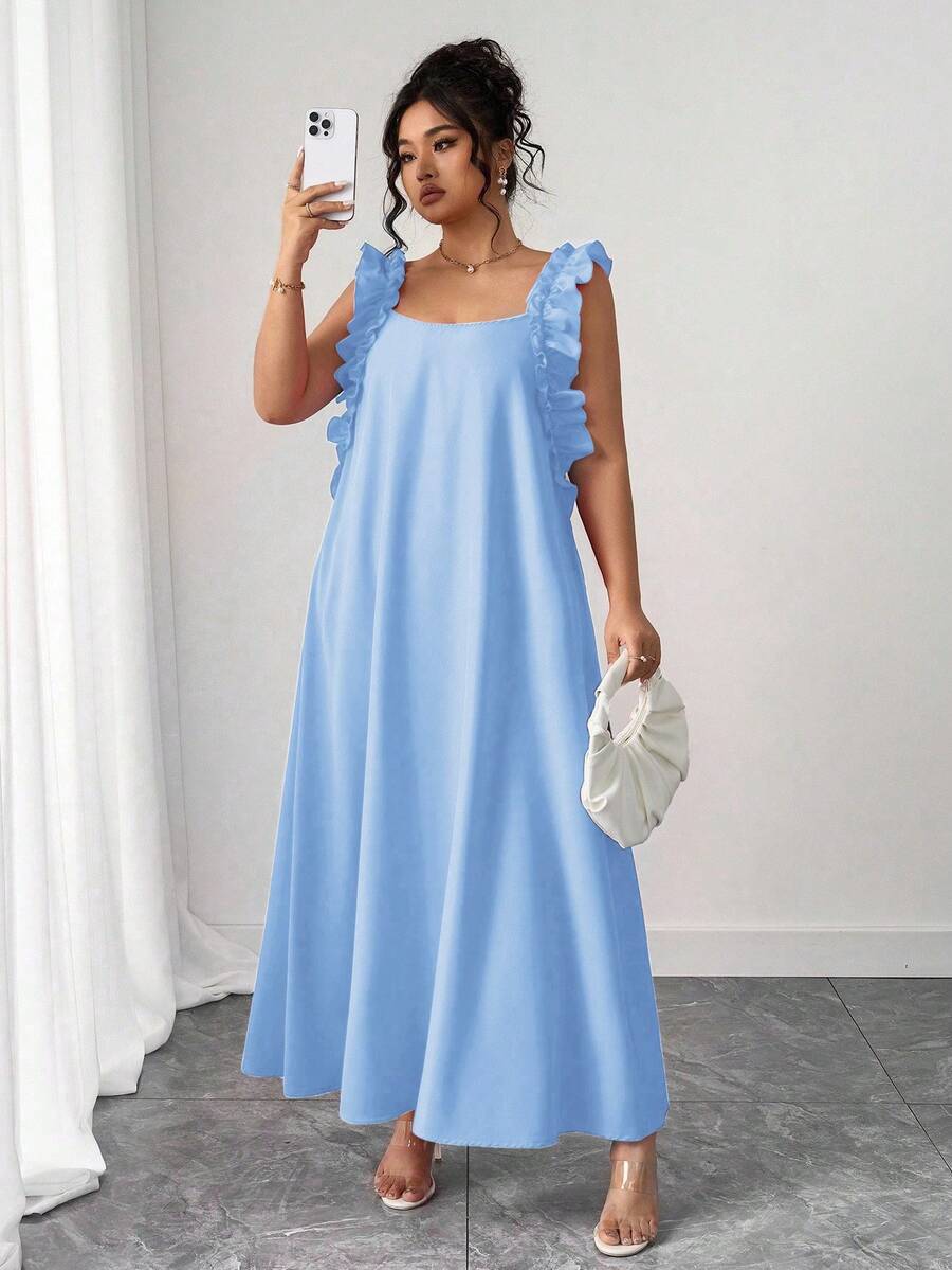 SHEIN PETITE 大码女式纯色宽松荷叶边方领连衣裙 - 藍色 - 查看 1