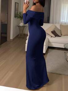 INAWLY Vestido ajustado de unicolor y hombros descubiertos elegante - Azul Marino - Ver 3
