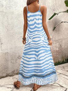 EMERY ROSE Gaun Terusan Maxi Longgar Motif Leopard untuk Wanita, Elegan untuk Pemakaian Sehari-hari dan Liburan Musim Panas - Blue and White - View 2