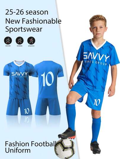 Bộ áo bóng đá cho bé trai tuổi teen số 10, tay ngắn và quần short, kiểu dáng giống người nổi tiếng, trang phục thường ngày, thích hợp cho đạp xe, chạy bộ, bộ đồ thể thao đi học, trang phục thi đấu thể thao, nhẹ và thoải mái.