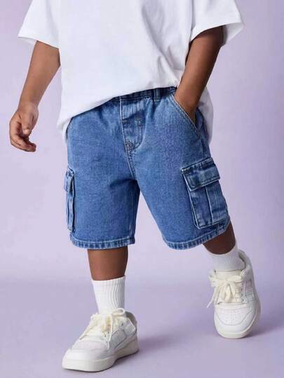 Young Boy Casual Basic Street Cool Fashion New Washed Multi-Pocket Straight Loose Leg Cargo Denim Shorts, 2025 Spring/Summer New, Suitable For Daily Wear,HOT