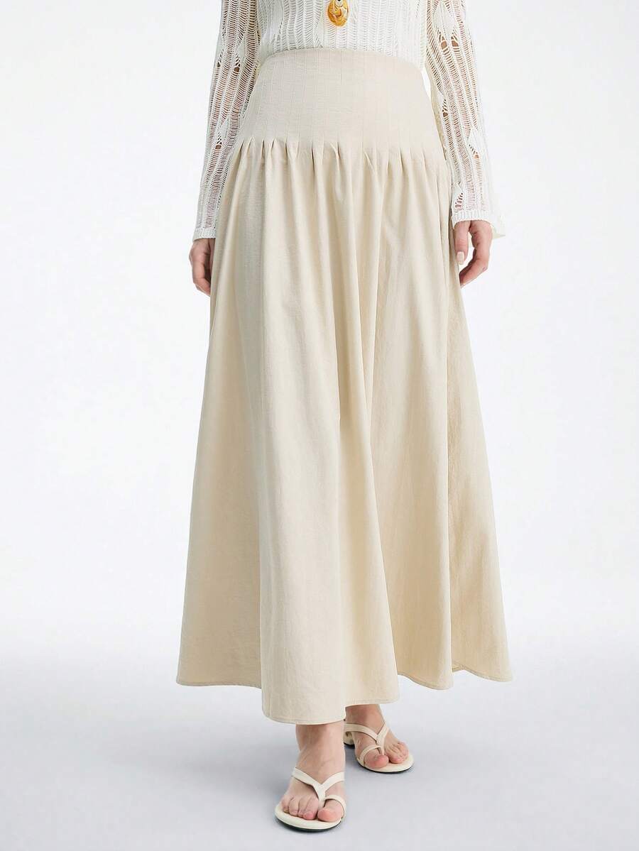 Aalyst 女士优雅褶裥修身A字裙，适合度假/办公穿着 - 杏色 - 查看 1