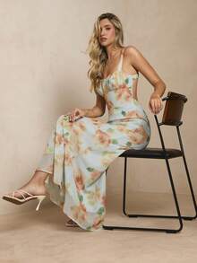 Enchnt 雪纺印花吊带露背A字长裙，浪漫法式风格，优雅春夏款，浅蓝色 - 彩色 - 查看 3