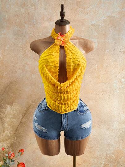 Mistrie Women's Vacation Solid Color Plunging Neck Sexy Fashion Halter Shirt