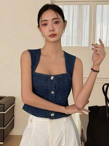 DAZY Women's Sleeveless Cropped Denim Vest, Casual Vacation Style - Dark Wash - View 5