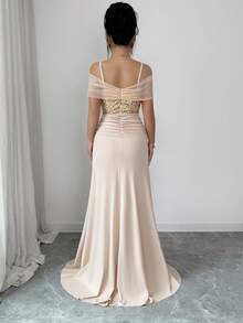 SHEIN Elenzya 女士优雅网纱亮片露肩蕾丝拼接荷叶边修身及地连衣裙 - 杏色 - 查看 2