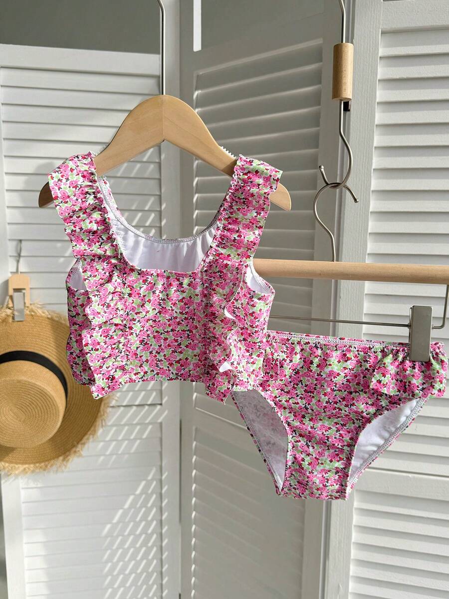 Dazy Kids Bộ đồ bơi tankini viền bèo họa tiết hoa dành cho bé gái (cỡ nhỏ). - Hồng - Xem 1