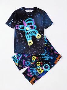 SHEIN 2件套儿童/青少年男童休闲舒适印花圆领短袖睡衣套装，针织紧身家居服 - 彩色 - 查看 4