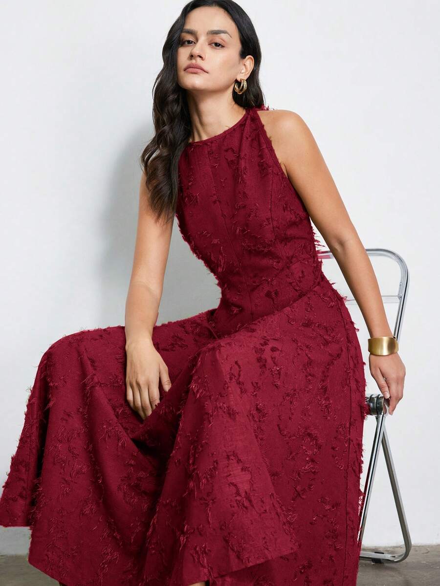 Aveloria Modichic New Arrival Elegant Commuter Style Cutout Decor Extra Long Flared Dress, Special Fabric - Rose Red - View 1