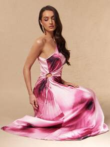 Silquee Women's Satin Printed Pleated Long Dress, Spring/Summer - Red Violet - View 7