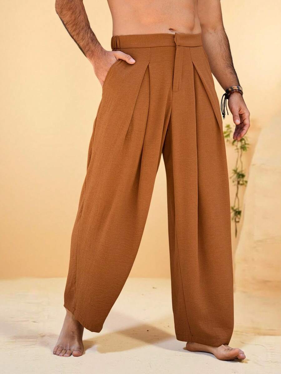 VENTUSAIL Men's Embroidered Brown Pleated Elegant Casual Pants, Suitable For Spring And Summer Brown Pants High Waisted Pants Wide Leg Pants Pleated Pants Men's Pants Baggy Pants Boho Pants Men Linen Pants Summer Pants Old Money,Daily Leisure, Weekend Trips, Outdoor Activities, Travel Expeditions, Relaxed Work Environments Or Semi-Formal Occasions, Boyfriend/Husband Gift, Anniversary /Birthday Gift Party Summer Vacation Holiday,Wedding,Spring To Summer Men Cruise Outfit Yacht Outfit Men Men Beach Outfit - Rust Brown - View 1