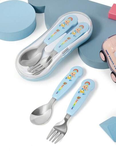 CoComelon X SHEIN Leuke cartoon spork set in de vorm van een kaas, zilverkleurig, bestaande uit twee delen, servies.