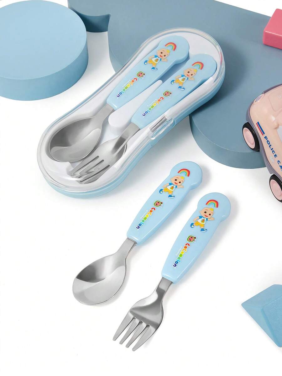 CoComelon X SHEIN 可爱卡通奶酪造型银色两件套叉勺，餐具，餐具 - 彩色 - 查看 1