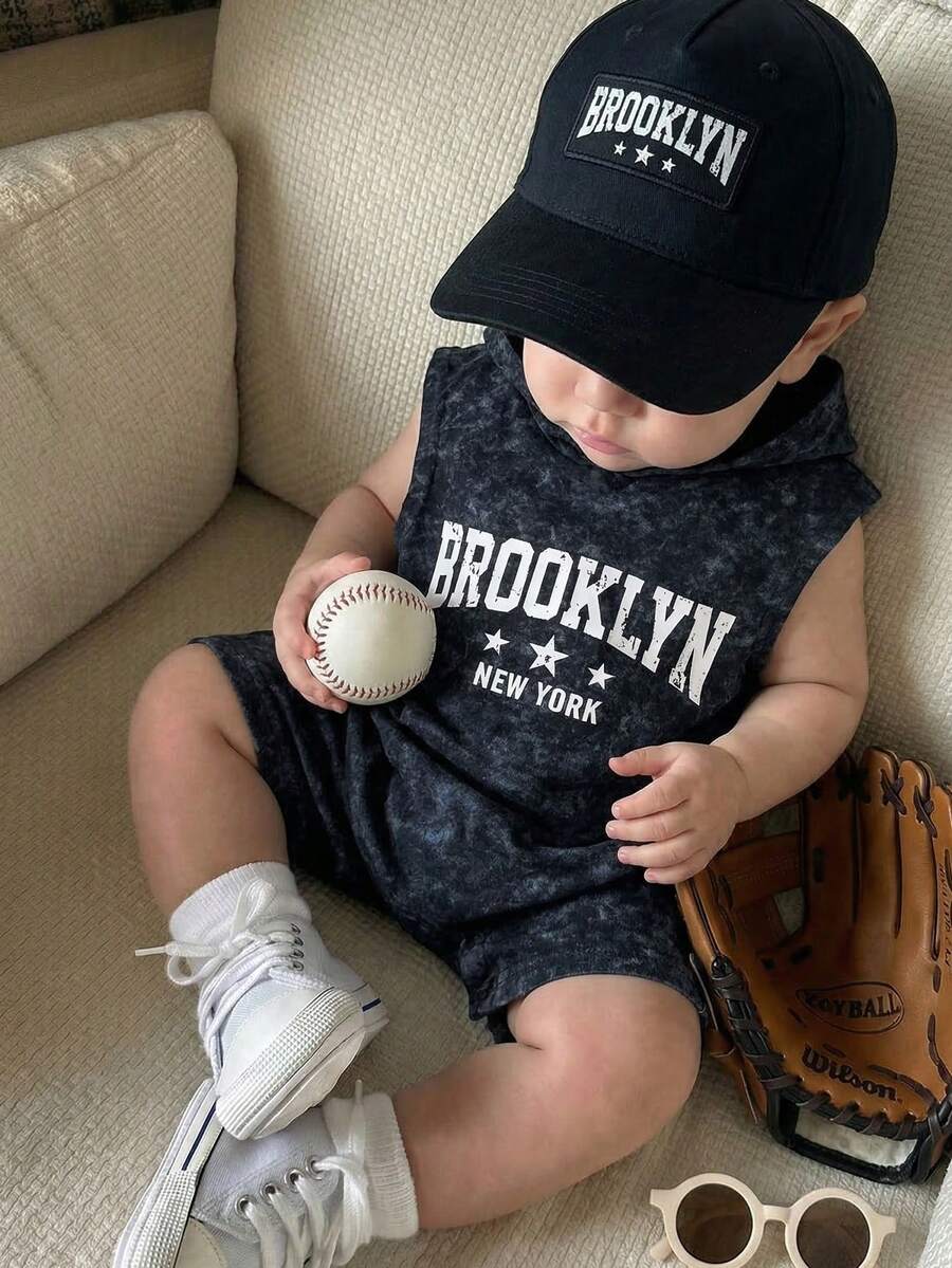 SHEIN 男女宝宝通用款黑色扎染无袖连帽连体衣，男宝宝套装，婴儿连体衣 - 黑色 - 查看 1