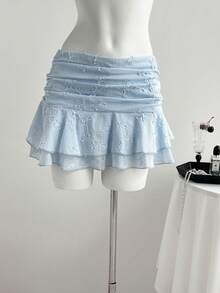 Elamini Women's Sweet Summer Embroidered Tiered Asymmetrical Design Ruffle Hem Skirt, Vacation Style Blue Mini Skirt, Suitable For Valentine's Day, Dates, Beach, Parties, Music Festivals - Blue - View 5