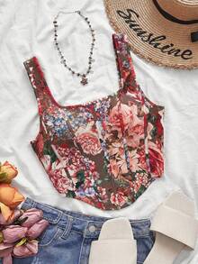SHEIN VCAY 夏季大码优雅印花吊带背心 - 棕色 - 查看 1