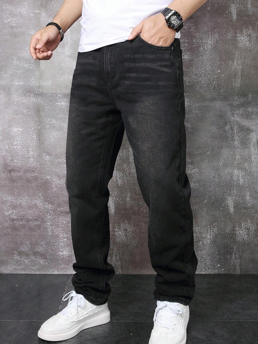 Manfinity Homme 男士休闲日常通勤简约百搭纯色直筒牛仔裤 - 深灰色 - 查看 1