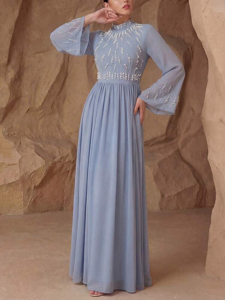Women's Elegant Long Dress With Mandarin Collar, Beaded & Rhinestone Decor, Soft & Comfortable, Suitable For Various Occasions: Festivals, Dates, Gatherings, Etc.