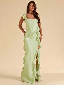 SHEIN BAE Đầm dài màu xanh lá chanh cổ vuông, xếp ly, xẻ tà cao, chất liệu chiffon thanh lịch, thích hợp cho tiệc sinh nhật, phù dâu, khách dự đám cưới, đi nghỉ mát biển, đầm xếp ly. - Màu xanh chanh - Xem 4