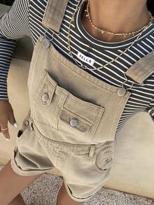 DAZY Women's Casual Loose Cotton Solid Color Denim Bib Pants, Suitable For Summer Beach Holiday - Khaki - View 7
