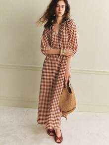 Écloséra 2016春夏新款休闲优雅复古简约宽松红白格纹V领系带袖七分袖连衣裙（女款） - 咖啡棕 - 查看 4