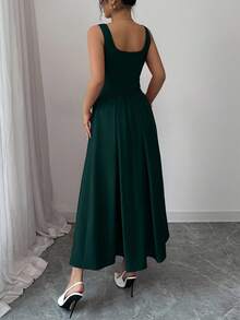 Rafferiza Women's Fashionable Sleeveless Square Neck Single-Breasted Vest And Pleated Flared Skirt 2-Piece Set, Versatile Daily Wear - Dark Green - View 2