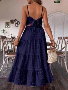 SHEIN Plus Size Navy Blue Plain Tiered Long Cami Dress Casual Ruffle Hem For Summer Vacation And Spaghetti Strap For Women Summer - Navy Blue - View 2