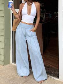 Sunnyshic 女士休闲百搭日常穿着阔腿牛仔裤 - 藍色 - 查看 6