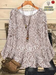 EMERY ROSE Camisa holgada de cuello redondo con estampado integral para mujer de talla grande, otoño/invierno - Rosa vieja - Ver 1