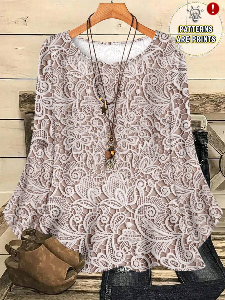 EMERY ROSE Camisa holgada de cuello redondo con estampado integral para mujer de talla grande, otoño/invierno - Rosa vieja - Ver 1