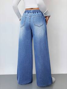 SHEIN Tall 女款休閒高腰寬腿牛仔長褲 藍色，適合高個女性 - 中等水洗藍 - 查看 2