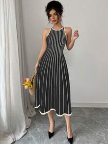 Franclia New Vintage Striped Patchwork Contrast Color Round Neck Sleeveless Knitted Dress For Women - Black - View 5