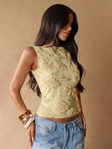 SHEIN BAE 女款優雅淡黃色珍珠花卉紋理背心，夏季圓領無袖Y2K上衣，適合海灘度假、音樂節、休閒出遊、約會 - 淡黃色 - 查看 4