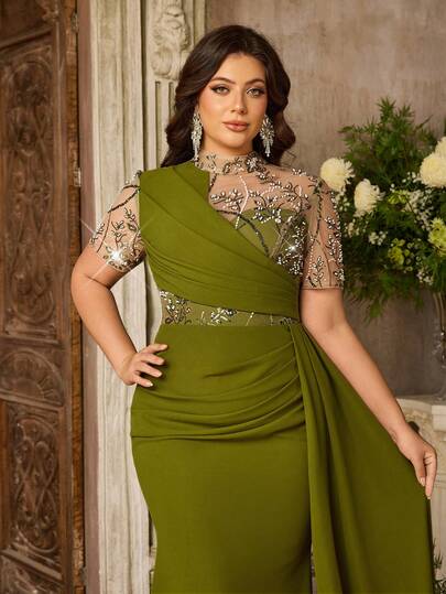 Aureia Chân váy đuôi cá xếp ly, sang trọng, thanh lịch màu xanh lá cây đính cườm, kim sa và thêu hoa, chất liệu lưới co giãn, phù hợp cho đám cưới, tiệc tùng, lễ hội và các sự kiện trang trọng.