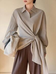 Dazy-Less Women's Striped Drop Shoulder Long Sleeve Side Tie Casual Shirt - Khaki - View 8