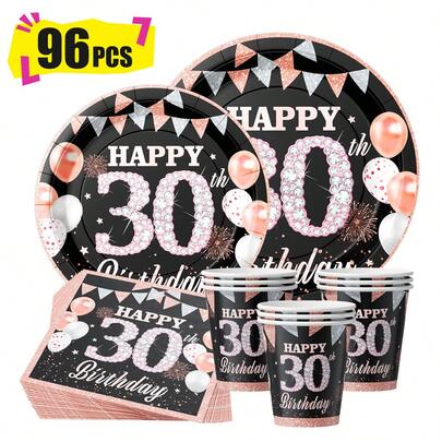 Schwarzer Hintergrund Diamant Fröhlicher 30. Geburtstag Einwegteller, Servietten und Becher, Party Zubehör Set, für 24 Personen, Einweg-Papier Partytischgeschirr, geeignet für Geburtstage, Hochzeiten, Themenpartys und Familienpicknicks.