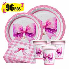 粉色蝴蝶结一次性餐盘、餐巾纸和杯子，派对用品套装，可供 24 人使用，一次性纸质派对餐具，适合生日、婚礼、主题派对和家庭野餐。 - 查看 1