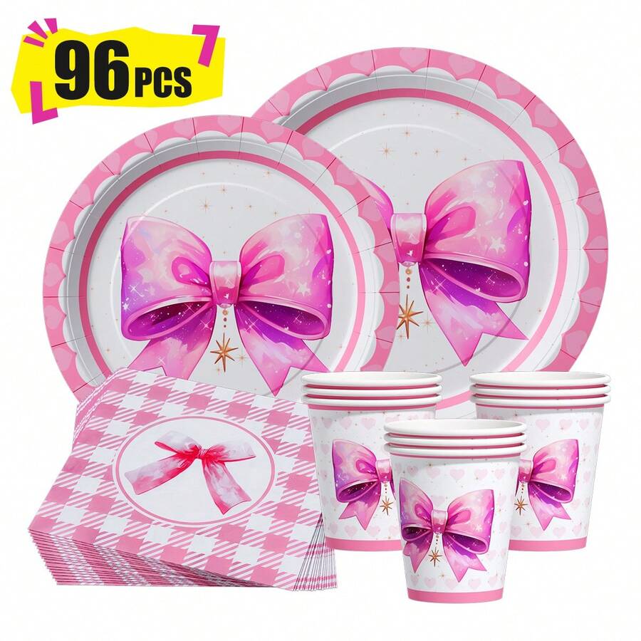 粉色蝴蝶结一次性餐盘、餐巾纸和杯子，派对用品套装，可供 24 人使用，一次性纸质派对餐具，适合生日、婚礼、主题派对和家庭野餐。 - 查看 1