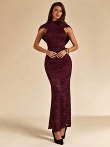 SHEIN BAE 酒红色露背深V领性感蕾丝长裙，优雅度假沙滩长裙，秋夏季 - 酒紅色 - 查看 5